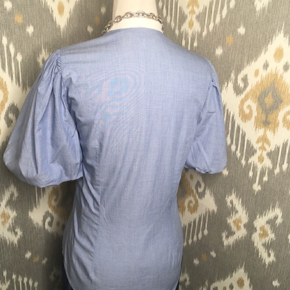 Ralph Lauren Blue & Off White Pouf Sleeve Bib Front Cotton Tuxedo Blouse - Picture 13 of 13